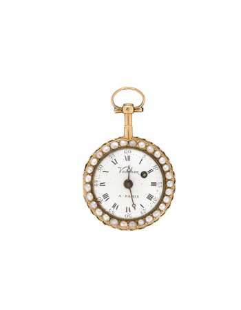 VAUCHEZ A PARISOrologio da tasca da donna in oro 18K decorato con perle e...