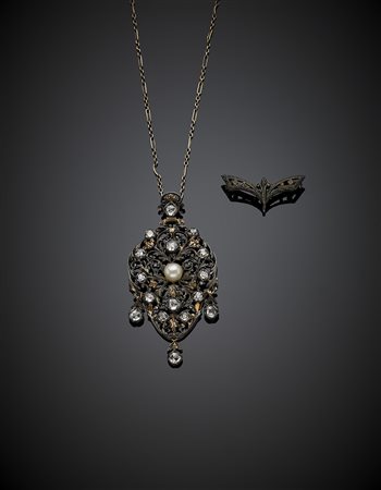 Catenina con pendente in oro e argento, diamanti a mezza rosetta e perla con...