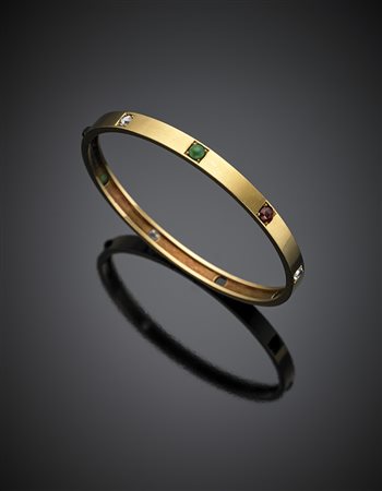 Bracciale rigido a cerchio con diamanti mezza rosetta, turchesi e granati, g...