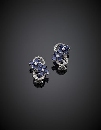 Orecchini a nodo savoia e fiori in oro bianco diamanti e zaffiri, g 7,54,...