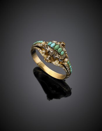 Bracciale rigido apribile in oro giallo e smalti rifinito con turchesi...