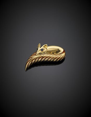 BIBIGI'Spilla a volpe in oro giallo con smalti arancione e nero, zaffiri...