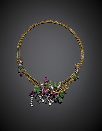 Collier scomponibile in broche floreale e collier in oro giallo con diamanti...