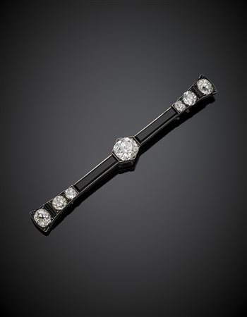 Broche a barretta in oro giallo, argento, onice e diamanti a cuscino per...