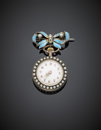 Broche con orologio pendente in argento e oro rosso 333/1000 rifinito con...