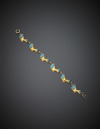 Bracciale in oro giallo e smalti a soggetto egizio, g 7,42, lungh. cm 18,5...