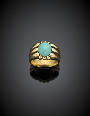 Anello scanalato in oro giallo con turchese ovale cabochon, g 12,85 misura...