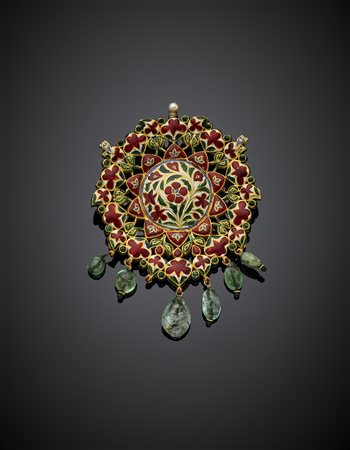 Grande placca "indiana" con diamanti flat, lavorazione tipo kudan e smeraldi...