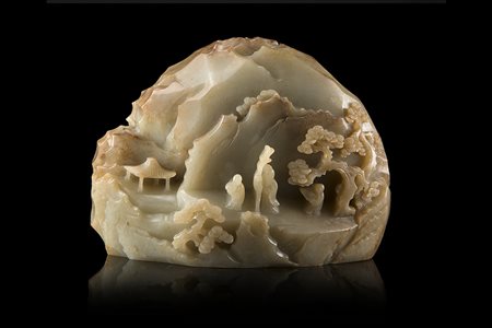 Scultura in giada color celadon scolpita con letterato e servitore in...