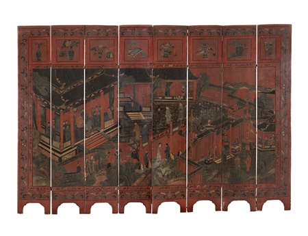 Paravento ad otto ante con decoro dipinto su fondo in lacca cinabro...