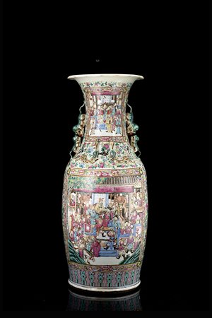 Grande vaso in porcellana Famiglia Rosa Cantonese con chilong applicati al...
