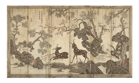 Paravento a sei ante decorato con cervi e componimenti poetici su fondo...