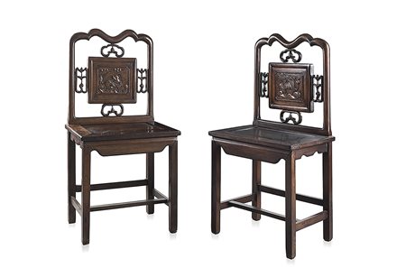 Due sedie in palissandro con schienale decorato con qilin ed aironiCina,...