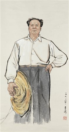 Dipinto raffigurante Mao Ze Dong con firma e sigillo artista Li Qi,...
