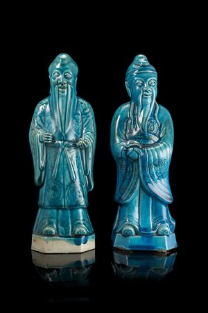 Coppia di Immortali in ceramica a smalto turcheseCina, secolo XX(h. 29...