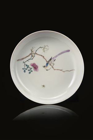 Piatto in porcellana Famiglia Rosa decorato con uccellino su ramo in fiore,...