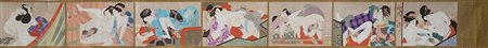 Scroll composto da dodici stampe a tema erotico, inchiostro e colore su carta...