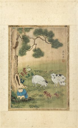 Dipinto raffigurante un pastorello con capre, con calligrafia e sigillo,...