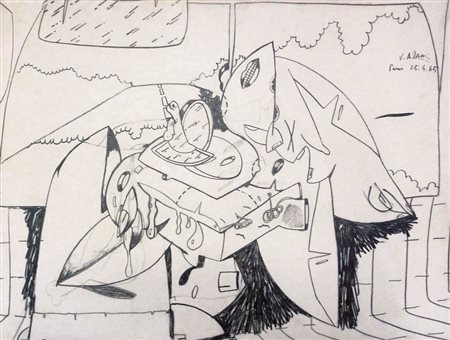 Firmato, datato. VALERIO ADAMI (1935) - Senza titolo, 1965, Carboncino su...