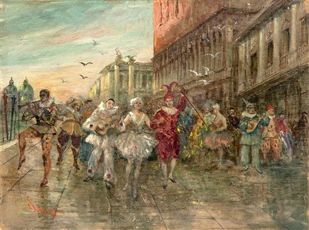 Ettore Solvegni (Venezia 1874 - Dopo il 1930)"Maschere a Venezia" olio su...