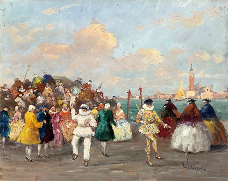 Ettore Solvegni (Venezia 1874 - Dopo il 1930)"Maschere a Venezia" olio su...