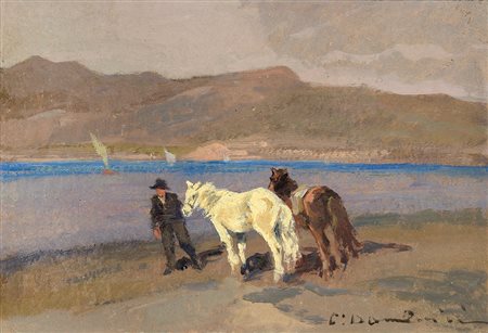 Carlo Domenici (Livorno 1897 - Portoferraio 1981)"Buttero con cavalli" olio...