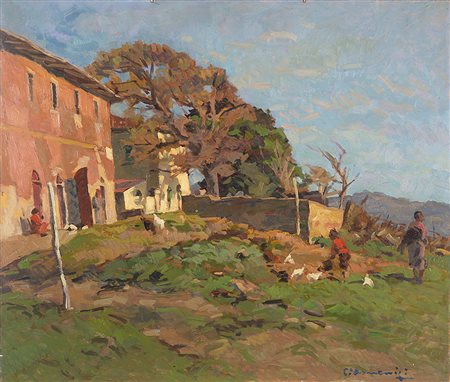 Carlo Domenici (Livorno 1897 - Portoferraio 1981)"La casa rossa" olio su...