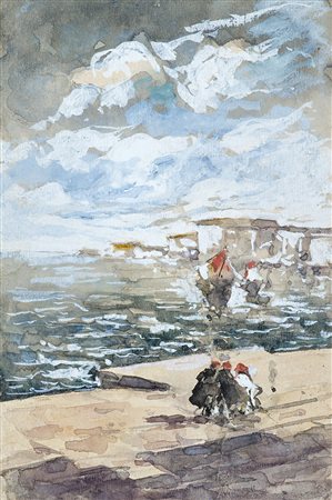 Pompeo Mariani (Monza 1857 - Bordighera 1927)"Al porto" tecnica mista su...