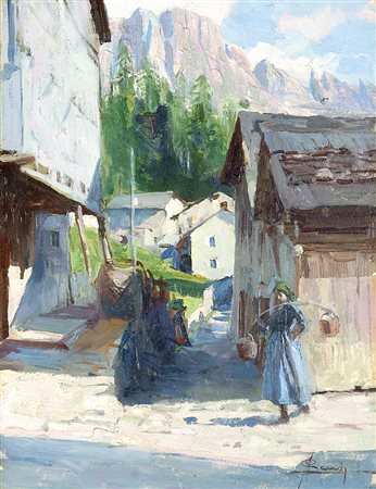 Angelo Landi (Salò 1879 - 1944)"Scorcio con villaggio dolomitico"olio su...