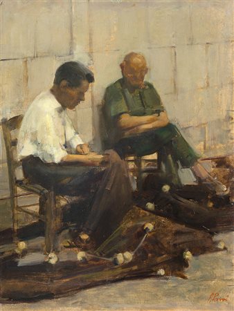 Alessandro Pomi (Mestre 1890 - Venezia 1976)"Le reti" 1963olio su masonite...