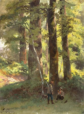 SALVATORE MAZZA (Milano 1819 - 1886) "Cacciatori" olio su carta applicata a...
