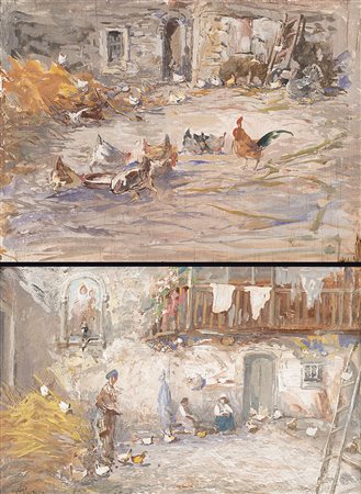 Pompeo Mariani (Monza 1857 - Bordighera 1927)"Scena rurale" e "Pollaio" due...