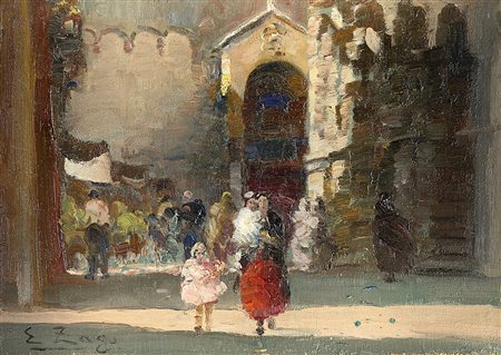 Erma Zago (Bovolone 1880 - Milano 1942)"Scorcio urbano con mercato" olio su...