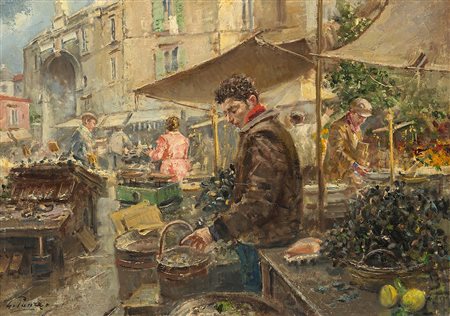 Giovanni Panza (Capo Miseno 1894 - Napoli 1989)"Mercato"olio su tela (cm...