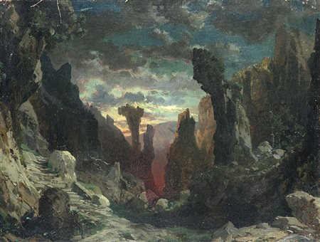 Anselm Feuerbach (Spira 1829 - Venezia 1880) (Attribuito) "Paesaggio montano"...