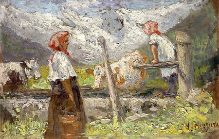 Leonardo Bazzaro (Milano 1853 - 1937)"Abbeverata" olio su compensato (cm...