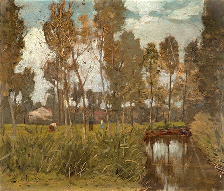 Eugenio Olivari (Genova 1882 - 1917)"Al lavoro nei campi" olio su cartone (cm...