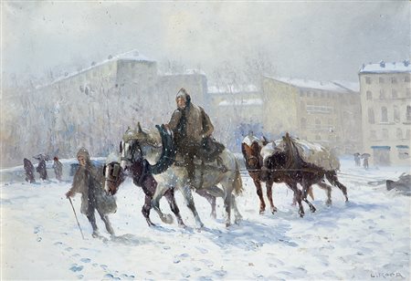 Leonardo Roda (Racconigi 1868 - Torino 1933)"Cavallanti sotto la neve" olio...