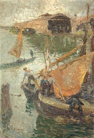 Leonardo Bazzaro (Milano 1853 - 1937)"Bragozzi nel porto di Chioggia"olio su...
