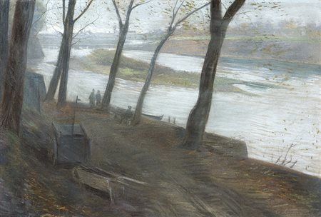 Emilio Longoni (Barlassina 1859 - Milano 1932)"Lungo il fiume"pastelli su...