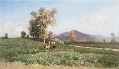 Vicente Poveda y Juan (Petrer 1857 - 1935)"Al pascolo" olio su tela (cm...