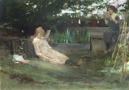 Vespasiano Bignami (Cremona 1841 - Milano 1929)"Momento serio" olio su tela...