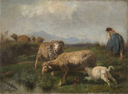 Giuseppe Palizzi (Lanciano 1812 - Passy (Francia) 1888)"Pastorella con...