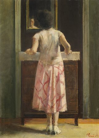 Alessandro Pomi (Mestre 1890 - Venezia 1976)"Allo specchio" '60olio su...