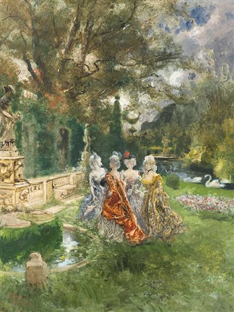 Pompeo Mariani (Monza 1857 - Bordighera 1927)"Nel parco" 1910olio su cartone...