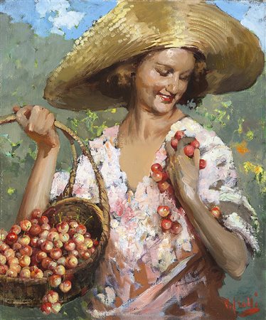 Vincenzo Irolli (Napoli 1860 - 1949)"La raccolta delle ciliegie" olio su tela...