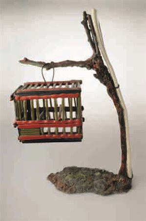 Toni Zuccheri “Gabbia da richiamo”, composizione con una gabbia in canne di...