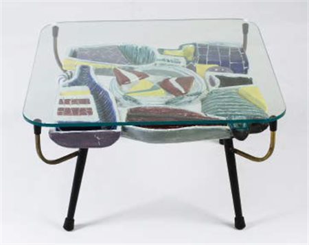 SAN POLO VENEZIA Tavolino con decoro in ceramica policroma raffigurante...