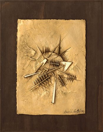 Arnaldo Pomodoro Rilievo 1990 Bronzo dorato e legno 31 x 25 x 3 cm Firmato in...