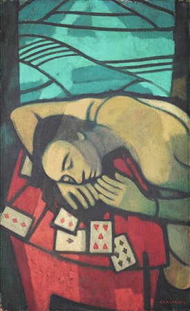 Felice Casorati Donna con le carte ( su sfondo di campi) [1954] Olio su tela...